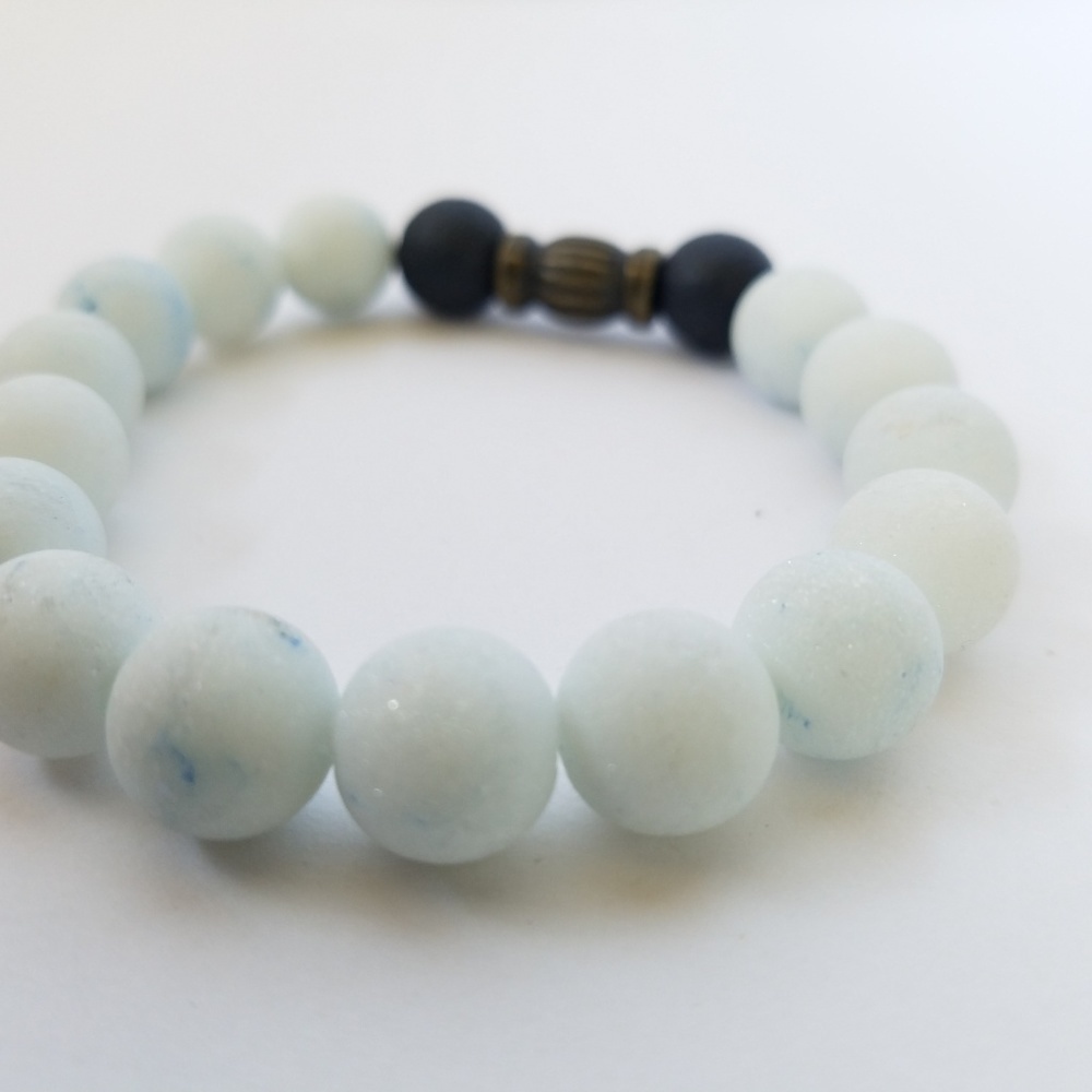 Hand Crafted Couple's Navy White Stone Beaded Bracelets Lava Stretch - Picture 7 of 10